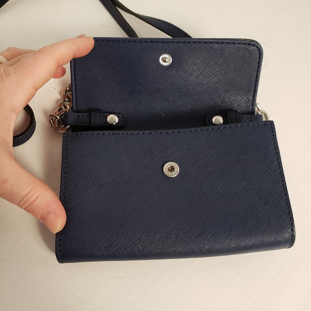 Calvin Klein Small Navy Crossbody Purse Silver Chain Textured Faux Leather - Picture 4 of 8
